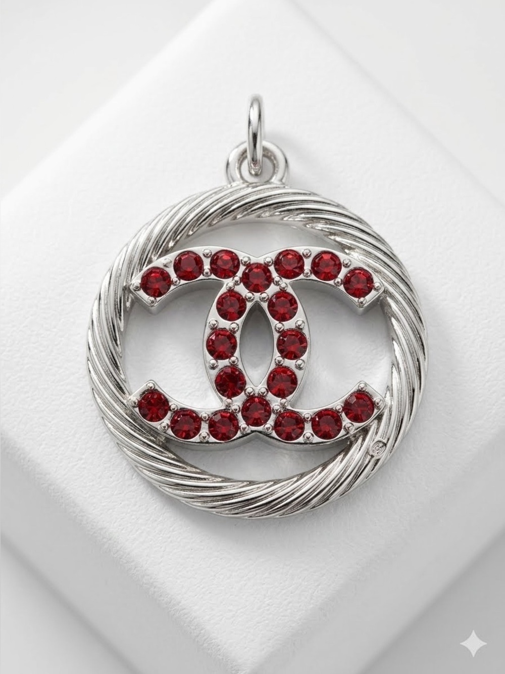 ChaneI Silver-Tone CC Pendant with Red Crystals